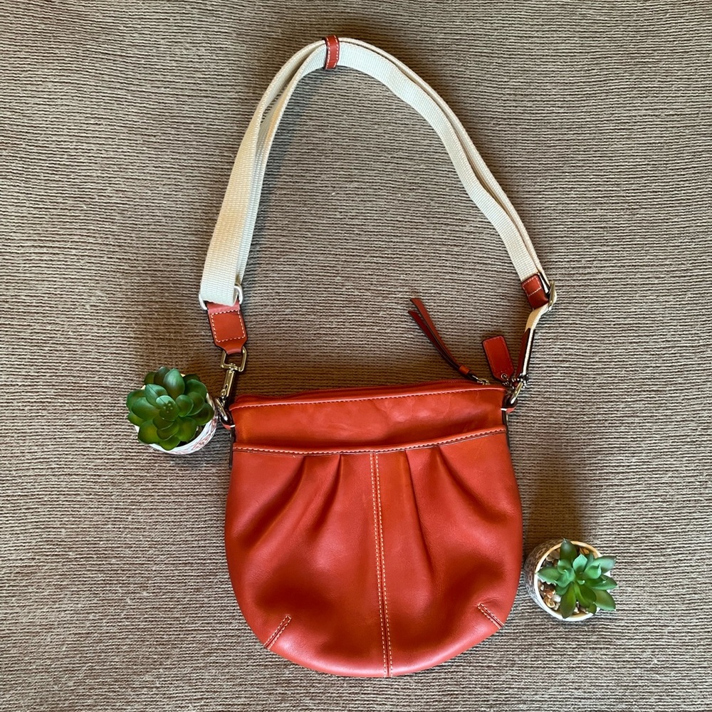 Coach Swingpack SOHO Pleated Red Leather Crossbody with Canvas Strap